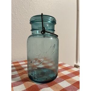 Vintage Ball Ideal Mason Jar Aqua Blue Glass w/ Wire Bale Lid Pat'd 1908